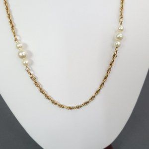 Vintage Judy Lee Womens Gold Tone Rope Chain Faux Pearl Fashion Necklace 20 in